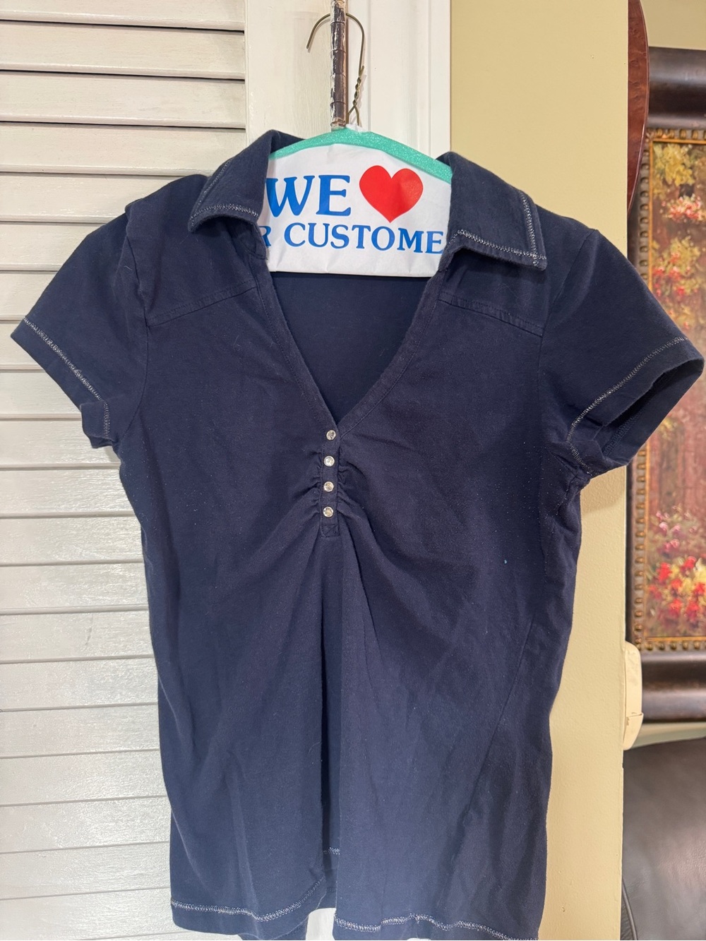 Zena Navy Short-Sleeve Collared Tee with Front Button Detail